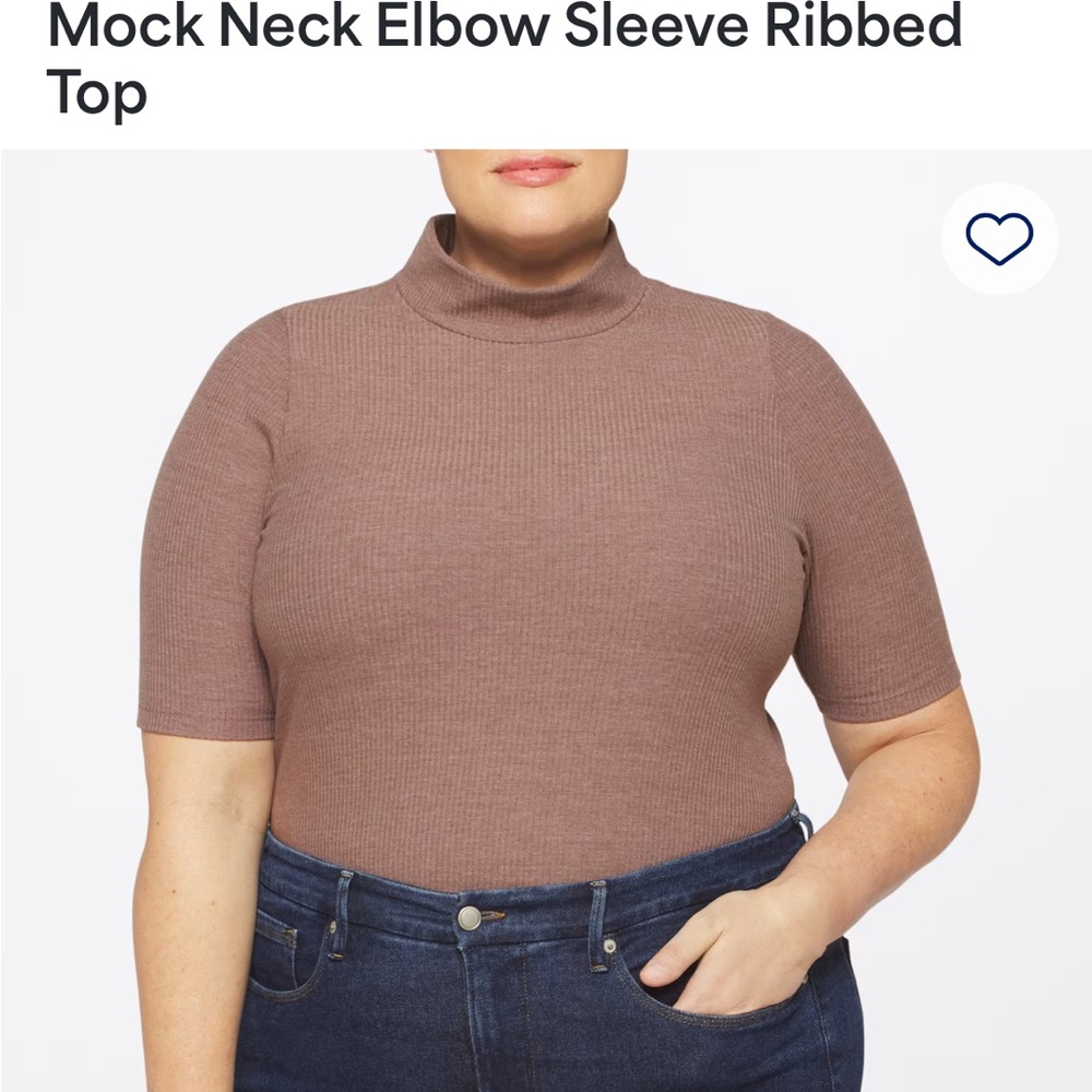 Mock Neck Elbow Sleeve Ribbed Top - Brown